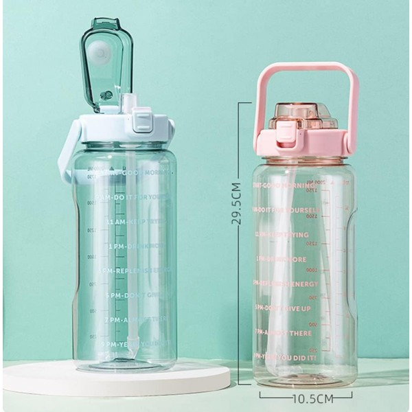 동기 부여 스포츠 마시는 물병, 빨대 2L, 빨대가 있는 대용량 물병, 타임 스탬프 포함, BPA 없음, 휴대용 스포츠 물병 1 Click Open Outdoor Fitness Kettle (분홍색)