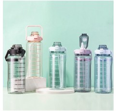 동기 부여 스포츠 마시는 물병, 빨대 2L, 빨대가 있는 대용량 물병, 타임 스탬프 포함, BPA 없음, 휴대용 스포츠 물병 1 Click Open Outdoor Fitness Kettle (분홍색)