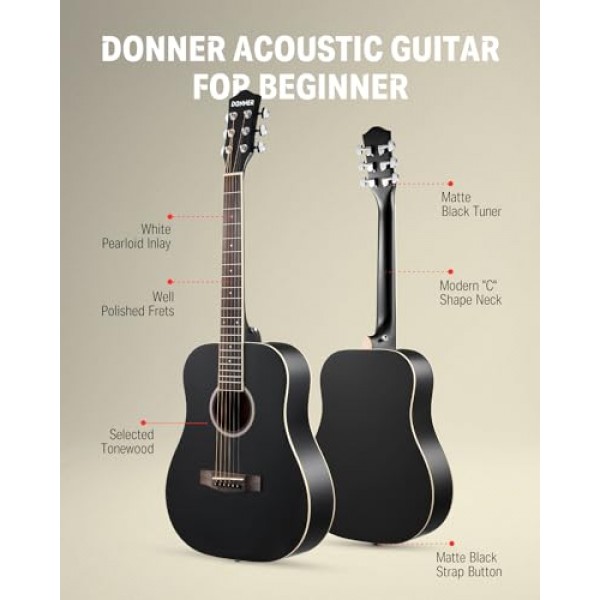 초보자 성인을 위한 Donner 어쿠스틱 기타 36'' Dreadnought 3/4 사이즈 블랙 기타 번들 패키지 키트 여행, 긱백이 포함된 가문비나무 카포 튜너 스트랩 스트링 기타 추천 DAG-1