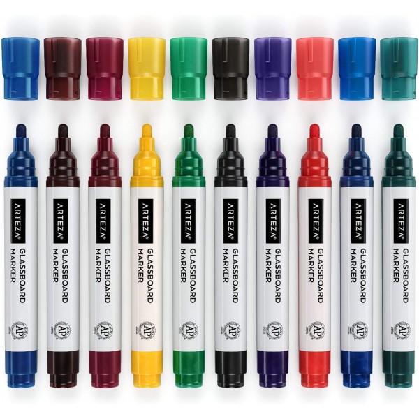 ARTEZA Glasboard Marker, 자성 유리판을 위한 실용적인 유리 크레용, 10가지 밝은 네온 컬러, 냄새가 적고 지울 수 있는 유리, 거울, 창용 마커, ​​비다공성 표면용