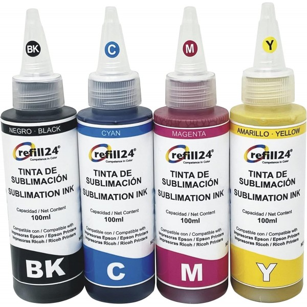 refill24 승화 잉크는 Epson, Ricoh, Mimaki, Roland, Mutoh와 호환됩니다. 4 x 100ml, 블랙, 옐로우, 마젠타, 시안 포함
