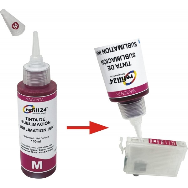 refill24 승화 잉크는 Epson, Ricoh, Mimaki, Roland, Mutoh와 호환됩니다. 4 x 100ml, 블랙, 옐로우, 마젠타, 시안 포함