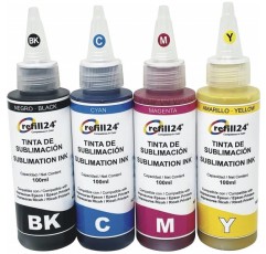 refill24 승화 잉크는 Epson, Ricoh, Mimaki, Roland, Mutoh와 호환됩니다. 4 x 100ml, 블랙, 옐로우, 마젠타, 시안 포함