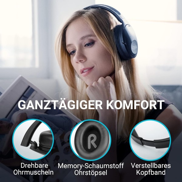 233621 헤드폰 무선 Bluetooth 100시간 재생, 잡음 제거 헤드폰 및 통합 마이크, 접이식, 매일 사용하는 귀 위의 무선 헤드폰(검은색)