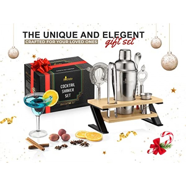 MIXOLOGY 바 세트 프리미엄 바텐더 키트, 지그재그 도구 스탠드, 18온스 칵테일 셰이커, 여과기, 지거, 스푼, 집게, 병따개, 레시피 북