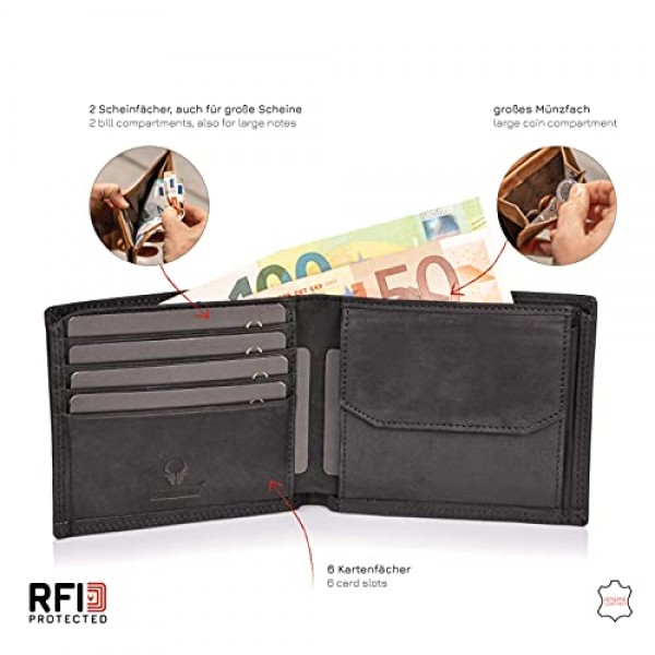 DONBOLSO Zurich I RFID 보호 기능이 있는 남성용 클래식 가죽 지갑, 빈티지 블랙, 미니멀리스트