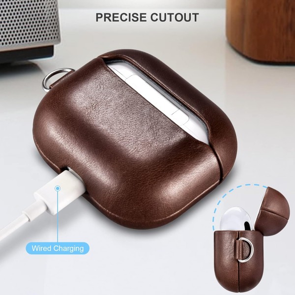 AirPods 3용 가죽 케이스(2021년 10월), ICARERSPACE Apple AirPods 3 이어버드용 프리미엄 정품 가죽 충격 방지 보호 케이스 충전 케이스(LED 가시성) 무선 충전기 지원 BROWN 브라운 