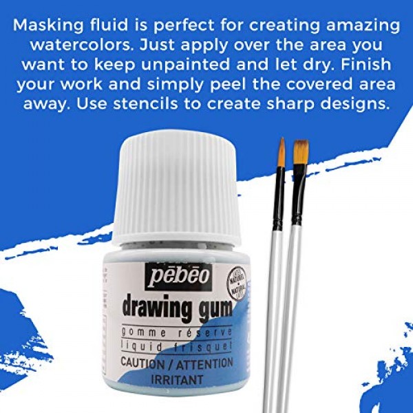 프랑스산 Pebeo Drawing Gum - 수채화 및 다양한 예술 프로젝트를 위한 마스킹 유체 - Mashify 어플리케이터 브러쉬 세트와 함께 번들로 제공
