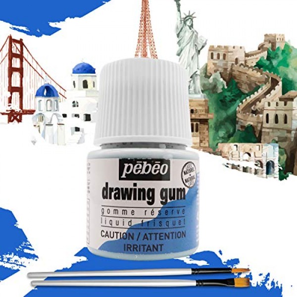 프랑스산 Pebeo Drawing Gum - 수채화 및 다양한 예술 프로젝트를 위한 마스킹 유체 - Mashify 어플리케이터 브러쉬 세트와 함께 번들로 제공