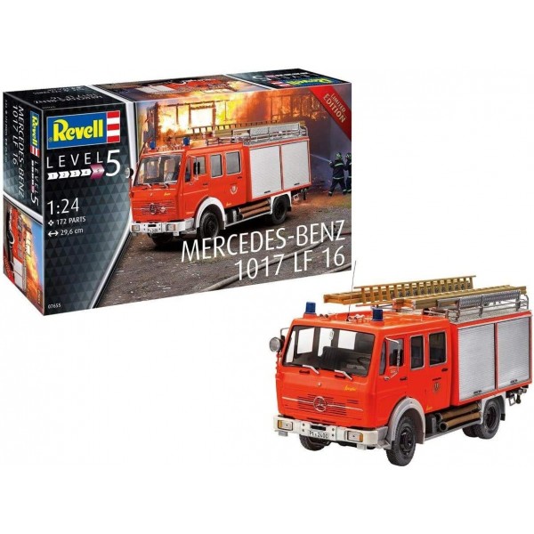 Revell 07655 Mercedes-Benz 1017 LF 16 Fire Brigade 모델 키트 1:24 29.6 cm 한정판 전문가용 true-to-the-original 모델 키트, 도색되지 않음