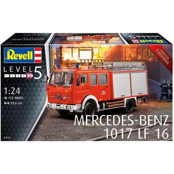 Revell 07655 Mercedes-Benz 1017 LF 16 Fire Brigade 모델 키트 1:24 29.6 cm 한정판 전문가용 true-to-the-original 모델 키트, 도색되지 않음