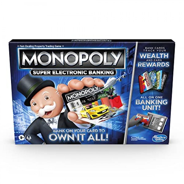 Hasbro Gaming Monopoly 슈퍼 전자 뱅킹 보드 게임, 전자 뱅킹 장치, 보상 선택, 현금 없는 게임 플레이 탭 기술, 8세 이상용