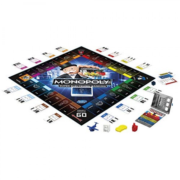 Hasbro Gaming Monopoly 슈퍼 전자 뱅킹 보드 게임, 전자 뱅킹 장치, 보상 선택, 현금 없는 게임 플레이 탭 기술, 8세 이상용