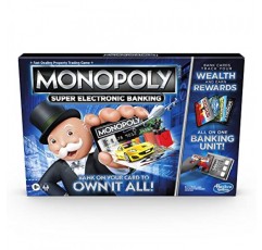 Hasbro Gaming Monopoly 슈퍼 전자 뱅킹 보드 게임, 전자 뱅킹 장치, 보상 선택, 현금 없는 게임 플레이 탭 기술, 8세 이상용