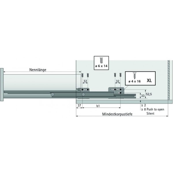 Hettich 9240931 ArciTech 풀 익스텐션 Actro Silent 19mm NL 500mm 40kg 좌/우 Push to Open, 적재 용량, 450mm, 실버, 충전: 40kg
