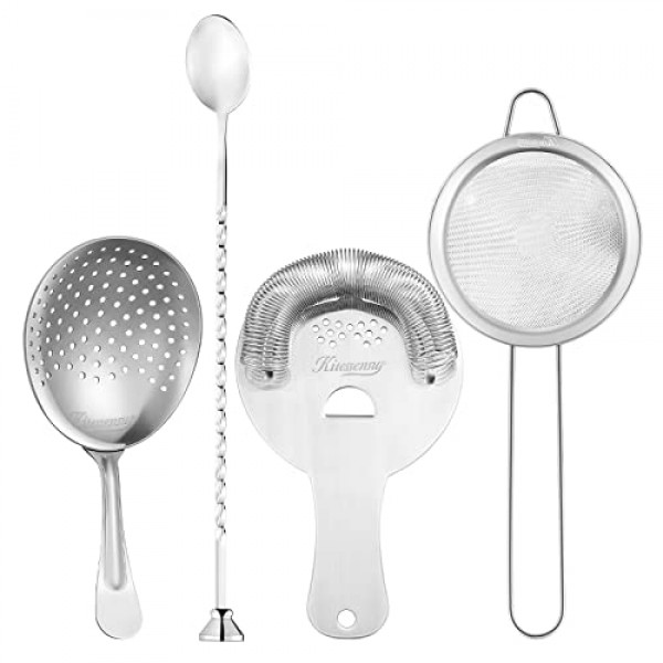 KITESSENSU 칵테일 스트레이너 세트, 4 Pcs 18/8 스테인레스 스틸 바 도구, 교반 스푼-호손 스트레이너, Julep 스트레이너, 파인 메쉬 스트레이너