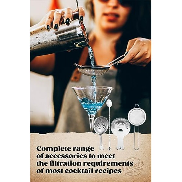 KITESSENSU 칵테일 스트레이너 세트, 4 Pcs 18/8 스테인레스 스틸 바 도구, 교반 스푼-호손 스트레이너, Julep 스트레이너, 파인 메쉬 스트레이너