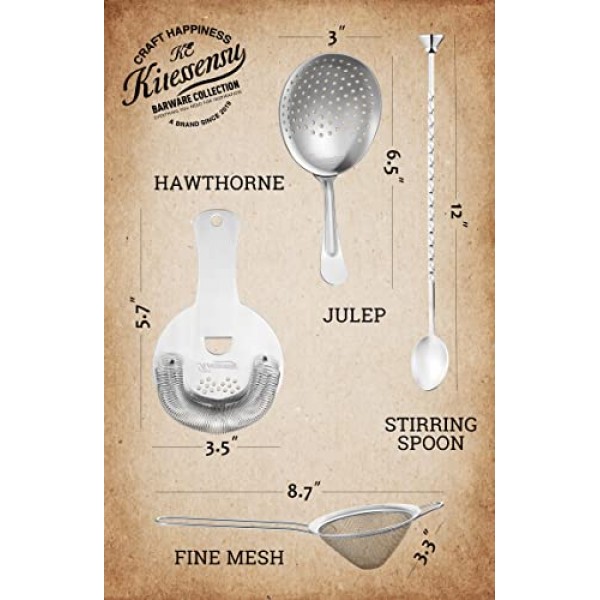 KITESSENSU 칵테일 스트레이너 세트, 4 Pcs 18/8 스테인레스 스틸 바 도구, 교반 스푼-호손 스트레이너, Julep 스트레이너, 파인 메쉬 스트레이너