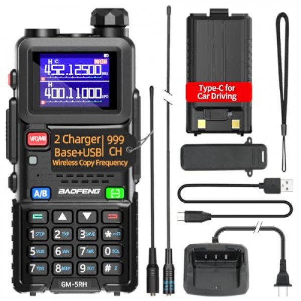 BAOFENG GMRS 휴대용 라디오 UV-5R 업그레이드 장거리 워키 토키 GM-5RH 2500mAh 배터리, GMRS 리피터 가능, NOAA 기상 수신기, 단일 키 주파수 일치 및 유형 C 케이블을 갖춘 양방