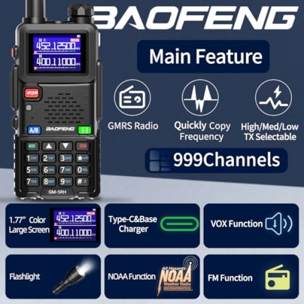 BAOFENG GMRS 휴대용 라디오 UV-5R 업그레이드 장거리 워키 토키 GM-5RH 2500mAh 배터리, GMRS 리피터 가능, NOAA 기상 수신기, 단일 키 주파수 일치 및 유형 C 케이블을 갖춘 양방