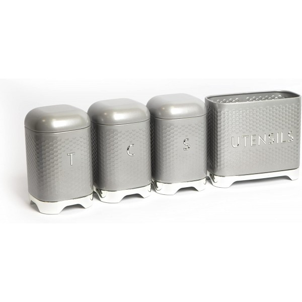 Lovello Kitchen Storage & Organisation 묶음 - 커피, 설탕, 차, 질감 있는 용기 세트 3개, 섀도우 그레이 + Lovello KitchenCraft, 식기 홀더, 기하학적 육각형 패턴 질감 - 섀도우 그레이