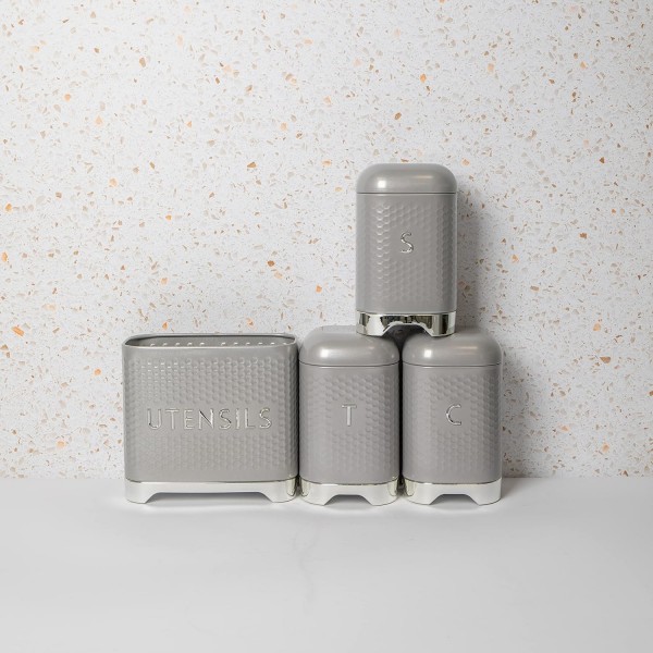 Lovello Kitchen Storage & Organisation 묶음 - 커피, 설탕, 차, 질감 있는 용기 세트 3개, 섀도우 그레이 + Lovello KitchenCraft, 식기 홀더, 기하학적 육각형 패턴 질감 - 섀도우 그레이