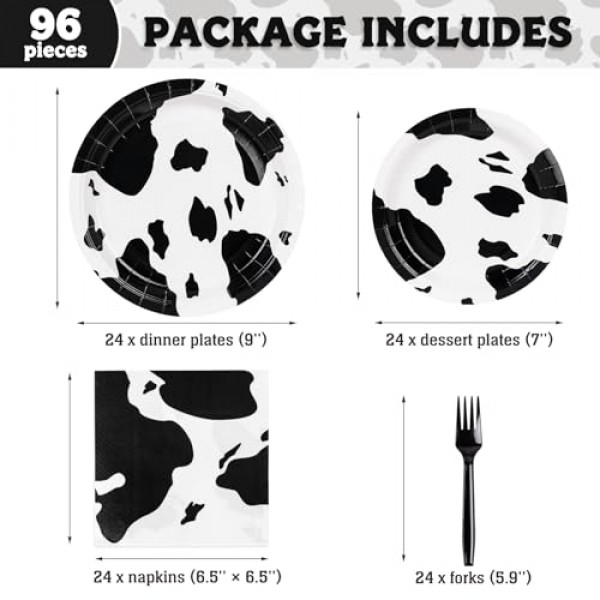 DECORLIFE 96 PCS 암소 인쇄 플레이트, 암소 인쇄 파티 용품, 포크, 냅킨 포함, 암소 생일 장식용, 24인분