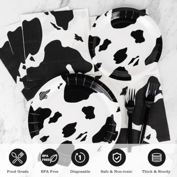 DECORLIFE 96 PCS 암소 인쇄 플레이트, 암소 인쇄 파티 용품, 포크, 냅킨 포함, 암소 생일 장식용, 24인분