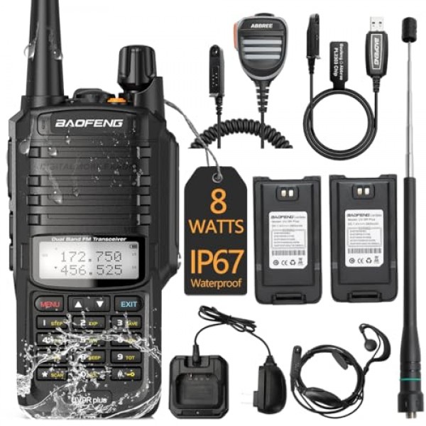 Baofeng UV-9R 플러스 8W 파워 워키토키 IP67 방수 UHF/VHF 듀얼 밴드 양방향 라디오 프로그래밍 케이블, AR-775 안테나, AR780 방수 마이크, 2팩 2200mAh 배터리 등 풀 키트