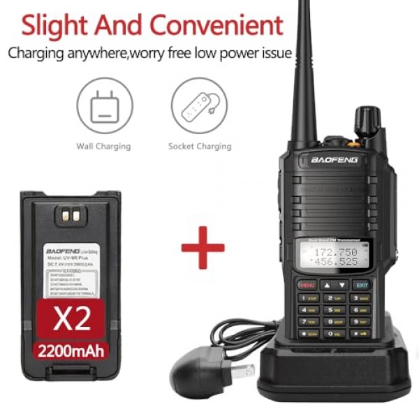 Baofeng UV-9R 플러스 8W 파워 워키토키 IP67 방수 UHF/VHF 듀얼 밴드 양방향 라디오 프로그래밍 케이블, AR-775 안테나, AR780 방수 마이크, 2팩 2200mAh 배터리 등 풀 키트