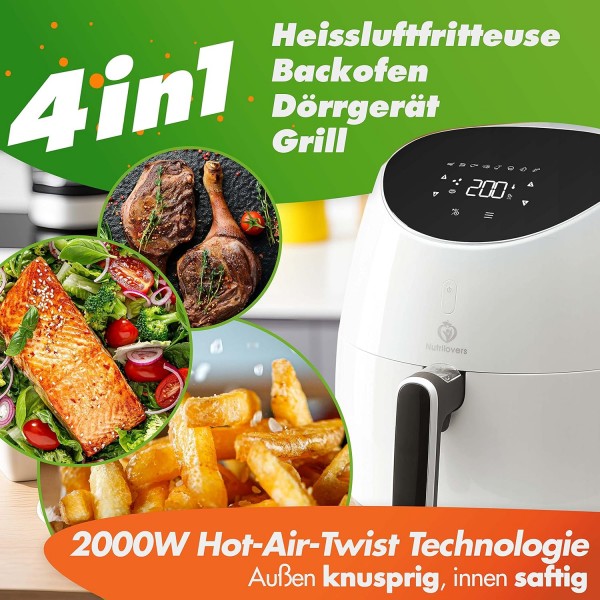 NUTRI-FRYER 핫 에어 프라이어 XXL 독일 브랜드 핫 에어 프라이어 XXL 세트 2000W 테스트 우승자 에어 프라이어 5L 대형 | 지방과 기름을 사용하지 않는 프렌치 프라이팬 | 피