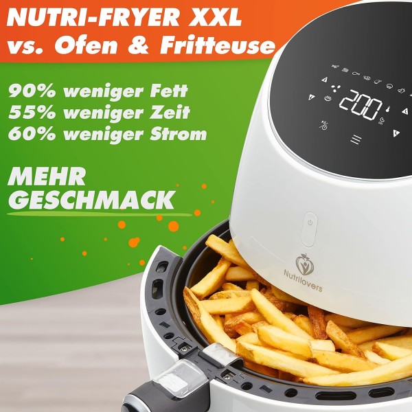 NUTRI-FRYER 핫 에어 프라이어 XXL 독일 브랜드 핫 에어 프라이어 XXL 세트 2000W 테스트 우승자 에어 프라이어 5L 대형 | 지방과 기름을 사용하지 않는 프렌치 프라이팬 | 피