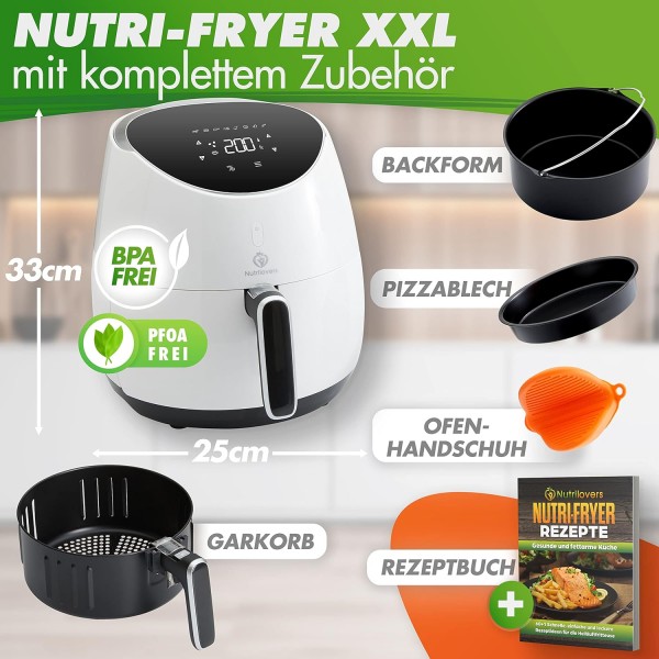 NUTRI-FRYER 핫 에어 프라이어 XXL 독일 브랜드 핫 에어 프라이어 XXL 세트 2000W 테스트 우승자 에어 프라이어 5L 대형 | 지방과 기름을 사용하지 않는 프렌치 프라이팬 | 피
