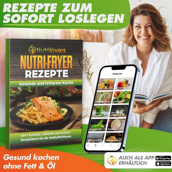 NUTRI-FRYER 핫 에어 프라이어 XXL 독일 브랜드 핫 에어 프라이어 XXL 세트 2000W 테스트 우승자 에어 프라이어 5L 대형 | 지방과 기름을 사용하지 않는 프렌치 프라이팬 | 피