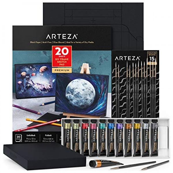 Arteza Gouache 페인팅 아트 세트, 메탈릭 구아슈 페인트 12 및 접이식 검정색 캔버스 종이 번들, DIY 키트, 예술가 및 초보자를 위한 미술 용품, 성인을 위한 아트 키트