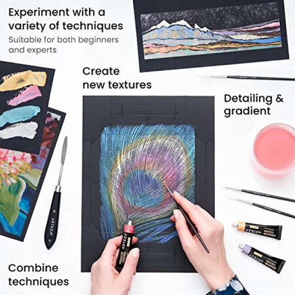 Arteza Gouache 페인팅 아트 세트, 메탈릭 구아슈 페인트 12 및 접이식 검정색 캔버스 종이 번들, DIY 키트, 예술가 및 초보자를 위한 미술 용품, 성인을 위한 아트 키트