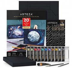 Arteza Gouache 페인팅 아트 세트, 메탈릭 구아슈 페인트 12 및 접이식 검정색 캔버스 종이 번들, DIY 키트, 예술가 및 초보자를 위한 미술 용품, 성인을 위한 아트 키트