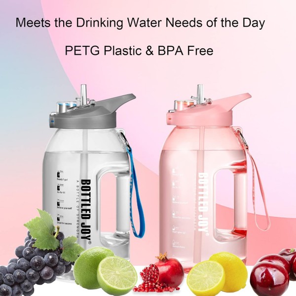 Glaxcidy 2 in 1 drink bottle 2.5L BOTTLED JOY water bottle with straw and drink cap, 일일 물 섭취량 측정을 위한 시간 표시가 있는 물병 스포츠용 BPA 프리 Pink1 Half Gallon