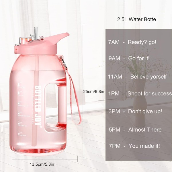 Glaxcidy 2 in 1 drink bottle 2.5L BOTTLED JOY water bottle with straw and drink cap, 일일 물 섭취량 측정을 위한 시간 표시가 있는 물병 스포츠용 BPA 프리 Pink1 Half Gallon