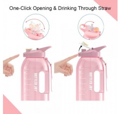 Glaxcidy 2 in 1 drink bottle 2.5L BOTTLED JOY water bottle with straw and drink cap, 일일 물 섭취량 측정을 위한 시간 표시가 있는 물병 스포츠용 BPA 프리 Pink1 Half Gallon