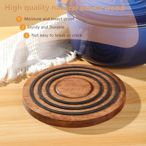 le creuset 네덜란드 오븐용 자석 나무 삼발이, 검은색 실리콘 링이 있는 아카시아 나무, le creuset 에나멜 주철 네덜란드 오븐 및 주철 프라이팬 등용 자석 냄비 홀더 스탠