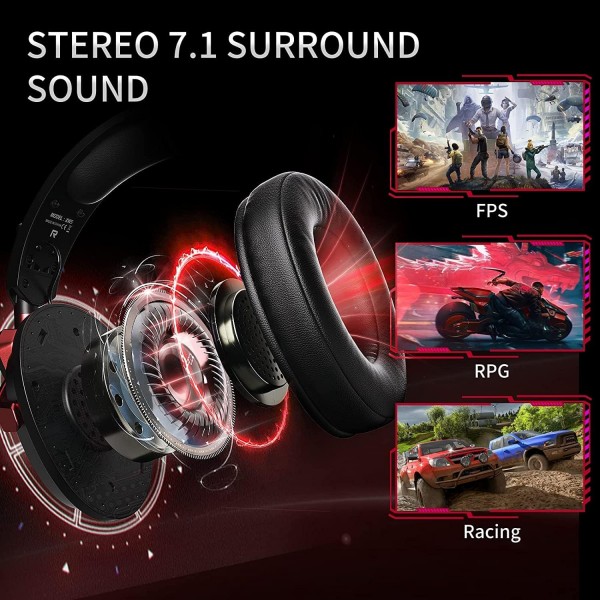 Tatybo XW6 7.1 PC PS4 PS5용 게임용 헤드셋 Xbox One 스위치 USB 및 소음 차단 기능이 있는 3.5mm 게임용 헤드폰 RED Large Black Red