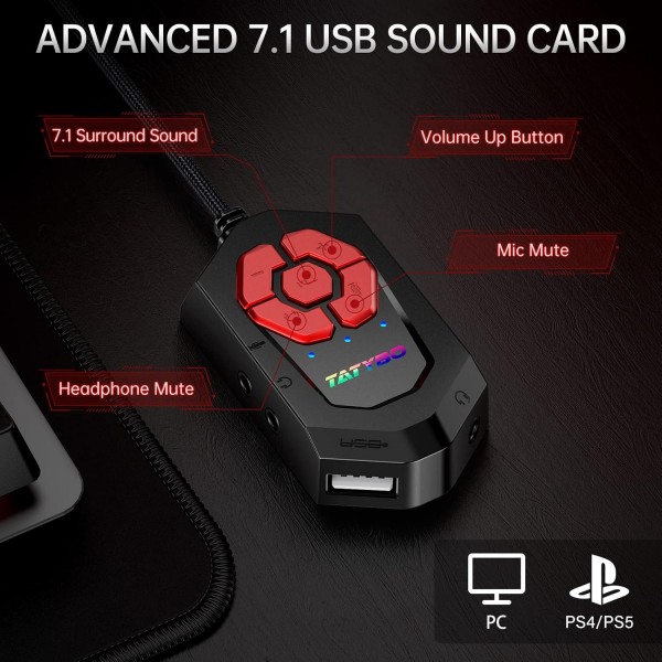 Tatybo XW6 7.1 PC PS4 PS5용 게임용 헤드셋 Xbox One 스위치 USB 및 소음 차단 기능이 있는 3.5mm 게임용 헤드폰 RED Large Black Red