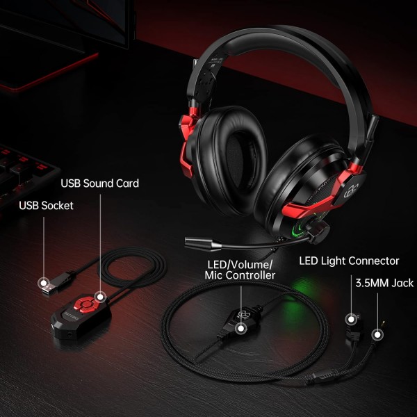 Tatybo XW6 7.1 PC PS4 PS5용 게임용 헤드셋 Xbox One 스위치 USB 및 소음 차단 기능이 있는 3.5mm 게임용 헤드폰 RED Large Black Red