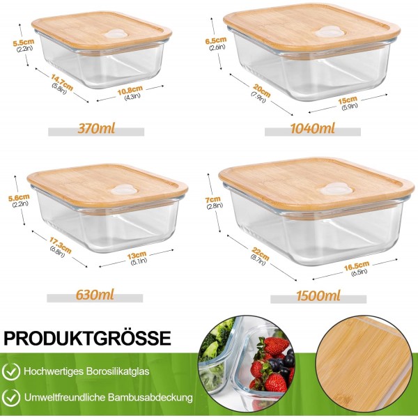 MASTERTOP 식품보관용기 세트, 밀폐용기 유리수납용기 4종세트, 대나무뚜껑 BPA-free, 식사준비용 보관함 4종 유리용기 대나무뚜껑