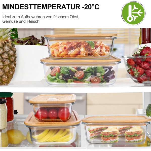 MASTERTOP 식품보관용기 세트, 밀폐용기 유리수납용기 4종세트, 대나무뚜껑 BPA-free, 식사준비용 보관함 4종 유리용기 대나무뚜껑