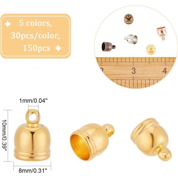 SUPERFINDINGS 150pcs 5 색 황동 코드 끝 10x8mm 술 모자 걸쇠 가죽 끝 모자 술 팔찌 쥬얼리에 대 한 찾기 키트 10x8mm 5 Colors-150pcs 만들기