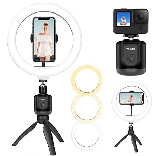 삼각대 홀더가 포함된 10인치 LED 링 라이트 + 차량용 짐벌 안정기 샷 짐벌 셀카 360° 회전 얼굴 YouTube 비디오 녹화, 셀카, 라이브 스트림용 개체 따르기, GoPro 및 전화와 