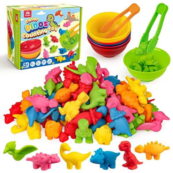 Coogam Counting Dinosaur Sorting 장난감 세트, 색상 일치 분류 게임, Montessori Fine Motor Skill 유치원 교육 몬테소리 학습 장난감 3 4 5 세
