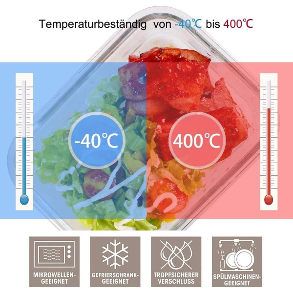 식품보관용기 유리세트, 뚜껑이 있는 유리식품보관용기- I 보관용기 유리식사준비용기 유리보관용기 6개 부품(3개의 잠금식 뚜껑이 있는 용기 3개) (1040ml + 1040ml + 1040ml